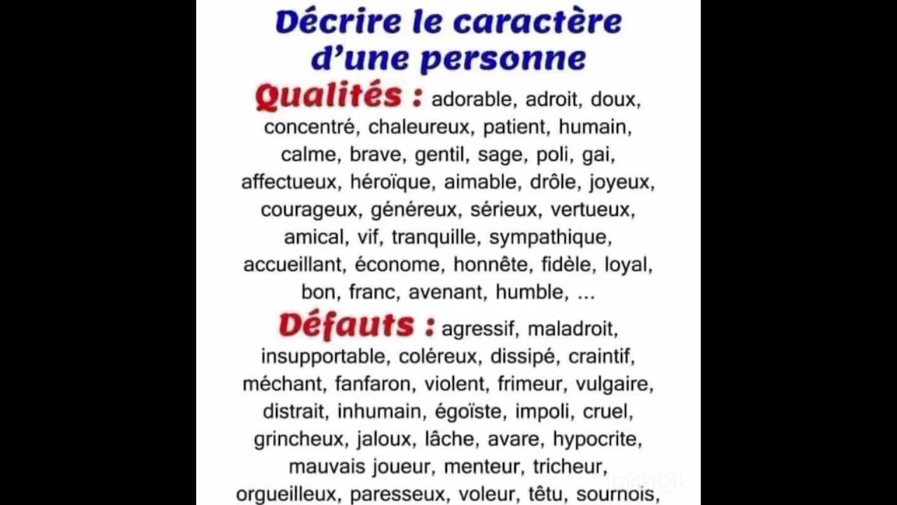 décrire le caractère d'une personne : qualité et défauts