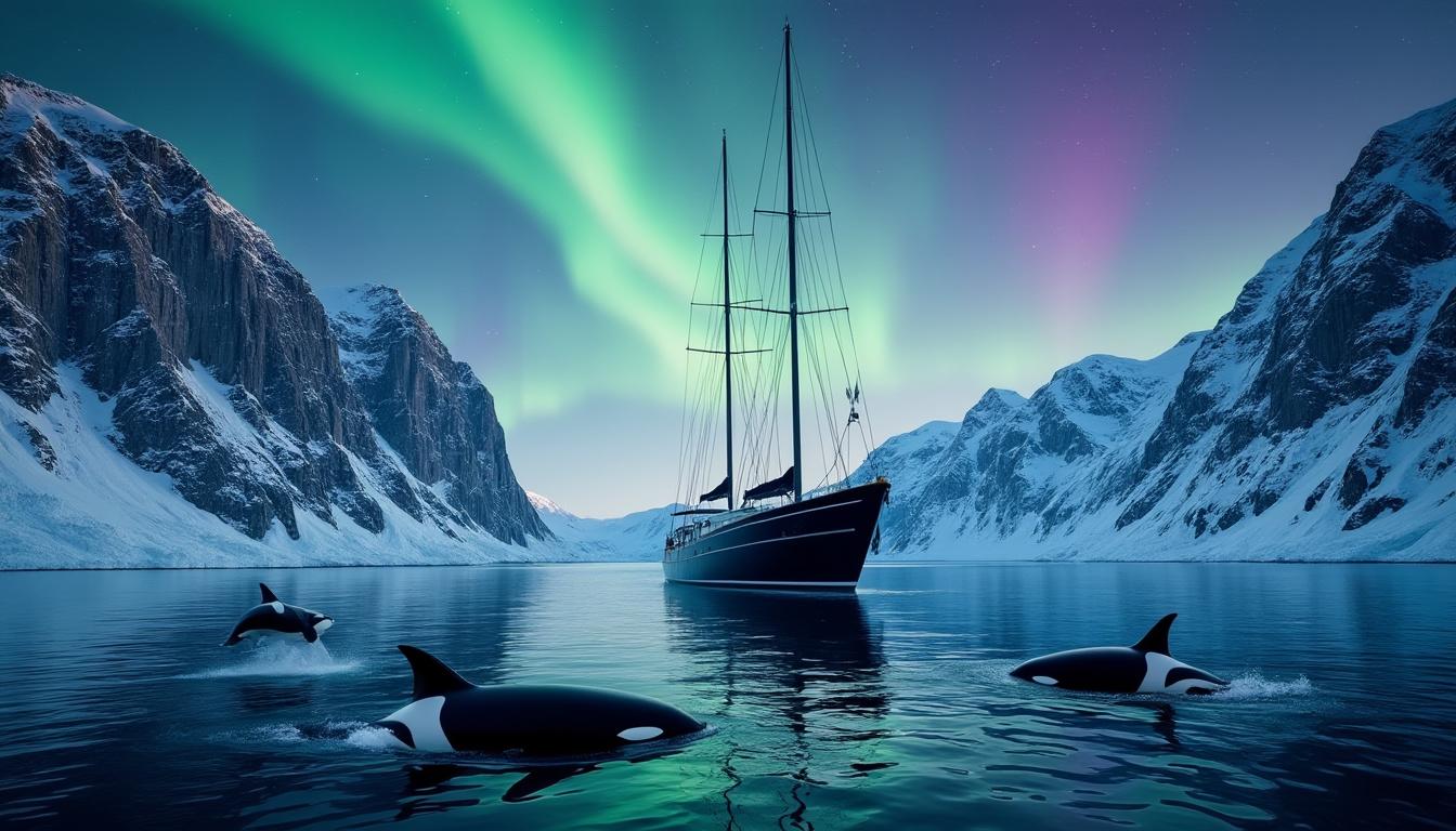 découvrez une exploration polaire inoubliable à bord du yacht nanook, naviguant paisiblement au cœur des fjords norvégiens, entouré de cétacés majestueux et d'aurores boréales féériques.